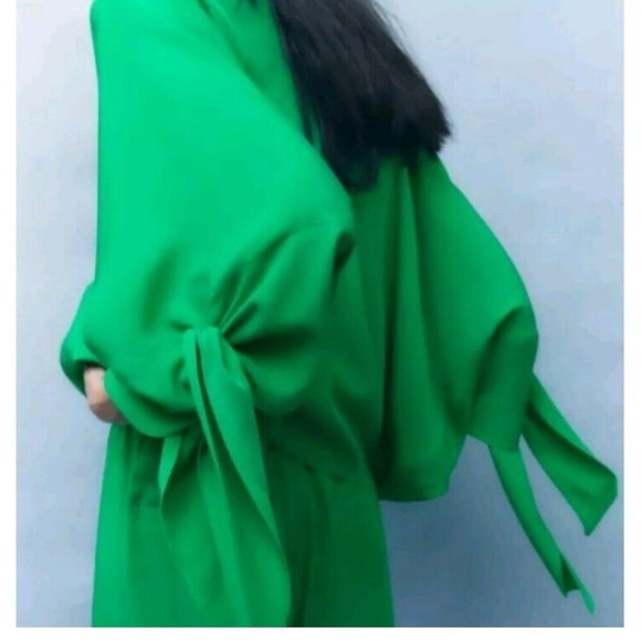 Zara Emerald Green V Neck Tie Sleeves Fluid Blouse Top Medium 4437 054 - Picture 6 of 16